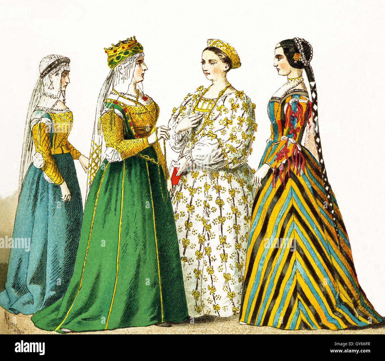 The figures represented in this illustration date to the 1400s. They are, from left to right: noble lady, Queen Catarina Cornaro of Cyprus, noble ladies. Stock Photo