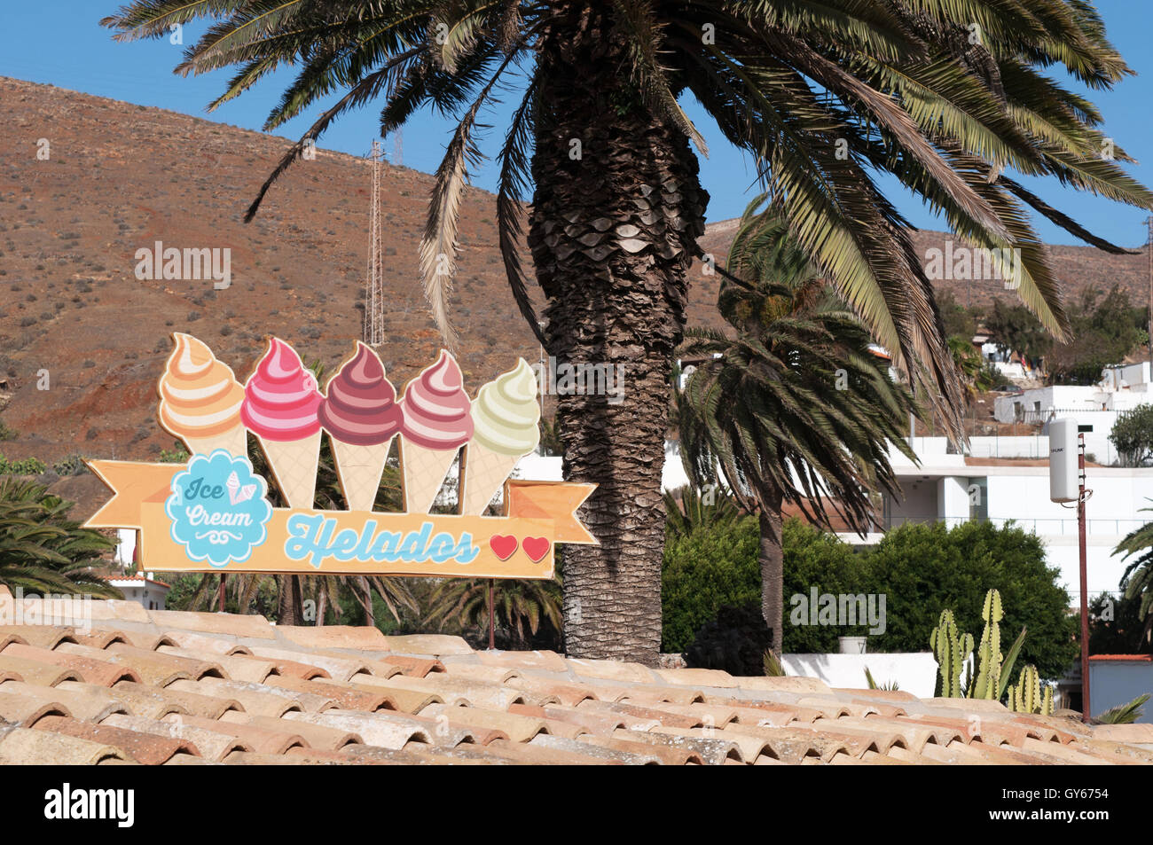 Fuerteventura: the sign of an ice cream shop in Betancuria, the first town founded by Spanish colonizers in 1405 Stock Photo