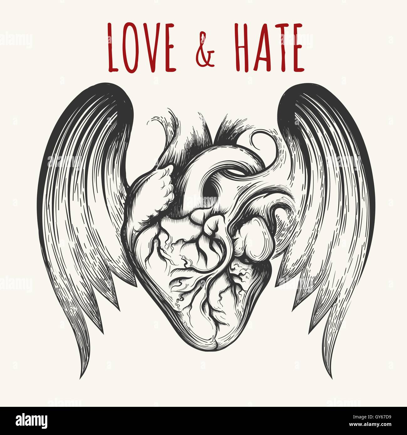 Love & Hate tattoo. Human heart with wings and wording. Vector illustration Stock Vector