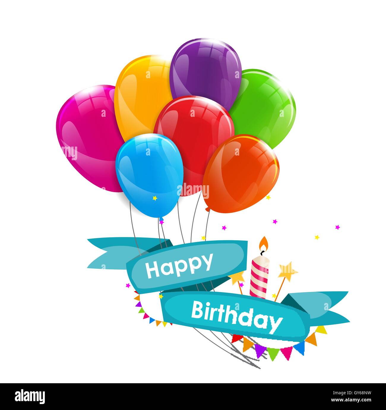 Happy Birthday Card Template with Balloons, Ribbon and Candle Ve Stock ...