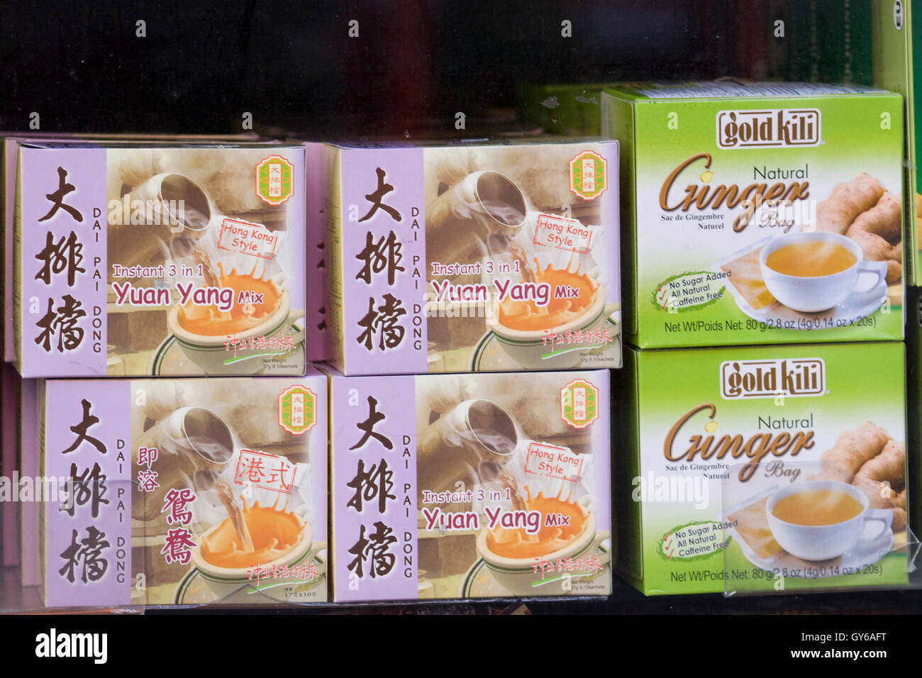 Yuan Yang Tea and ginger tea in a shop window Stock Photo