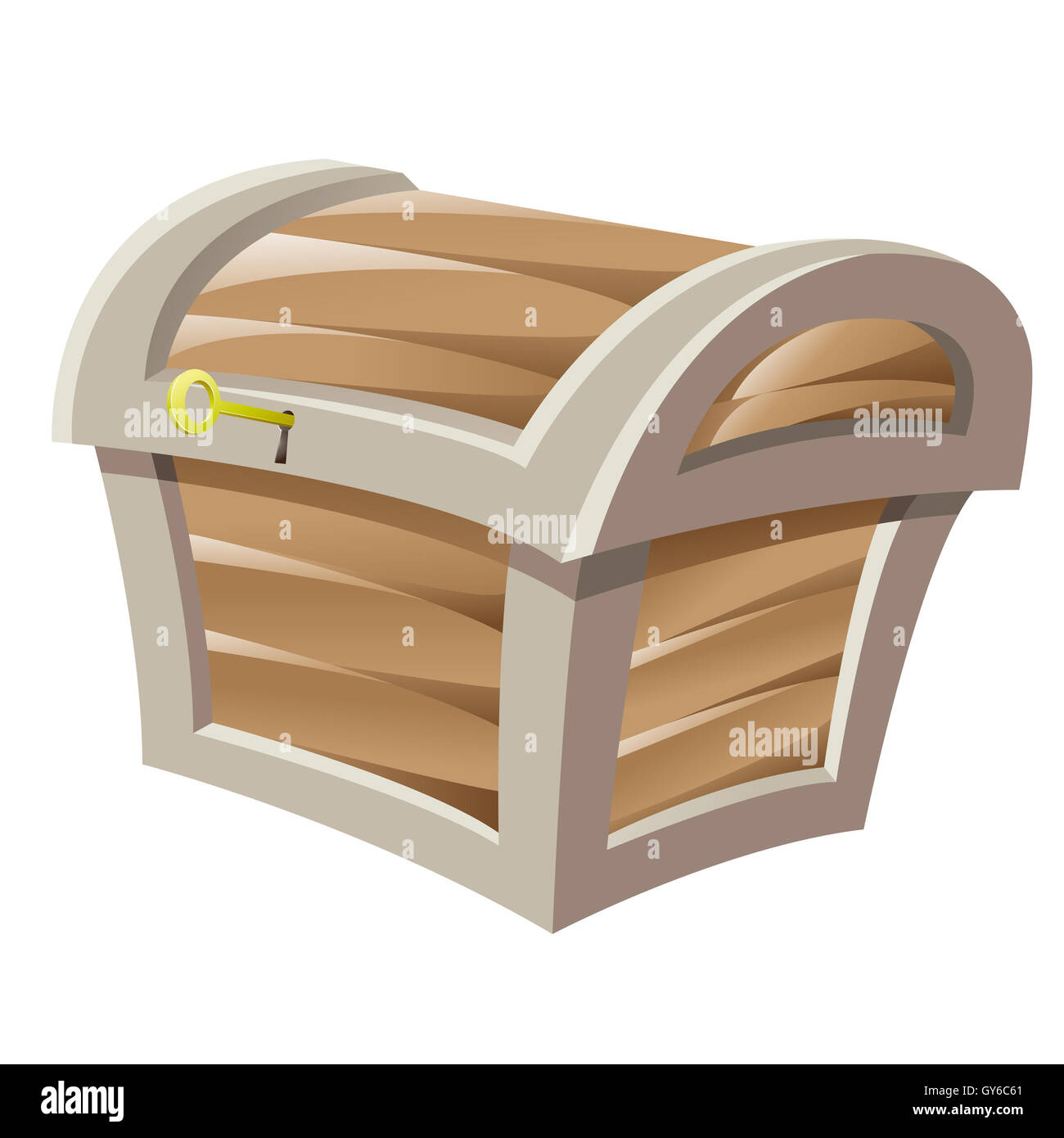 Illustration of Brown Wooden Treasure Chest and Golden Key isolated on a white background Stock