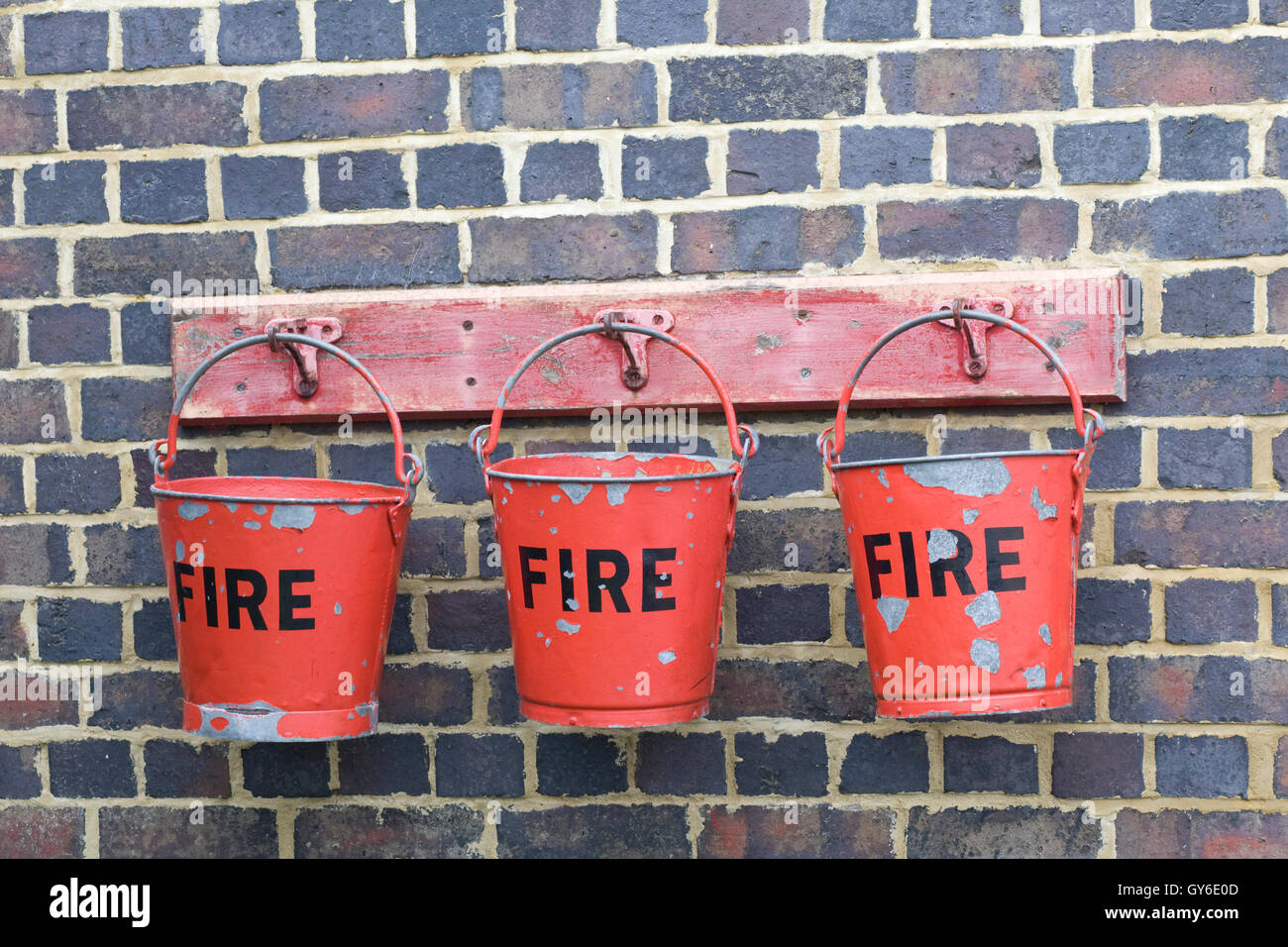 World war 11 Fire station, Red fire buckets filled with sand Stock