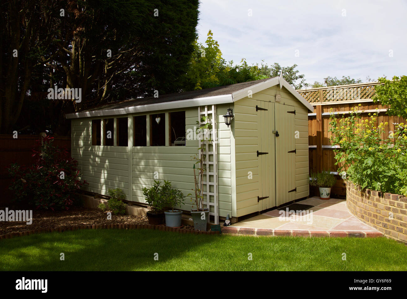 Large pale green painted shed in suburban back garden with lawn trees and fence with trellis and paving and pitch roof Stock Photo