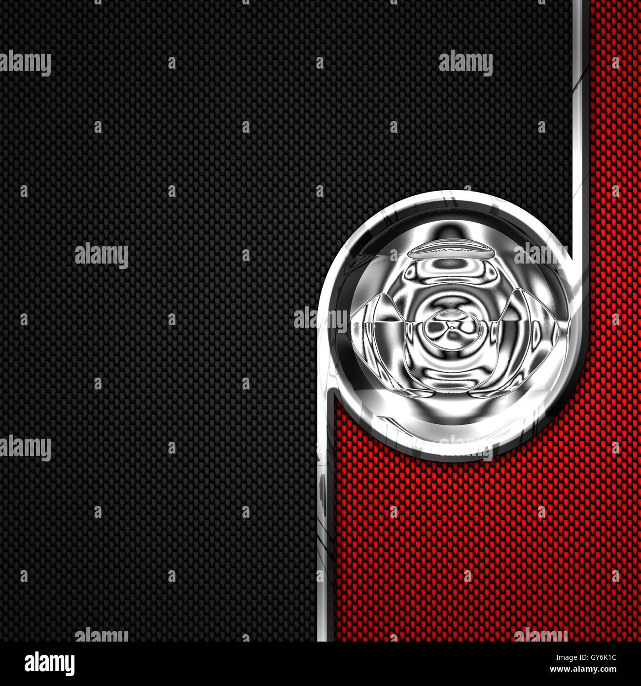 red, black carbon fiber and circle chromium frame. metal background. material design. 3d illustration. Stock Photo
