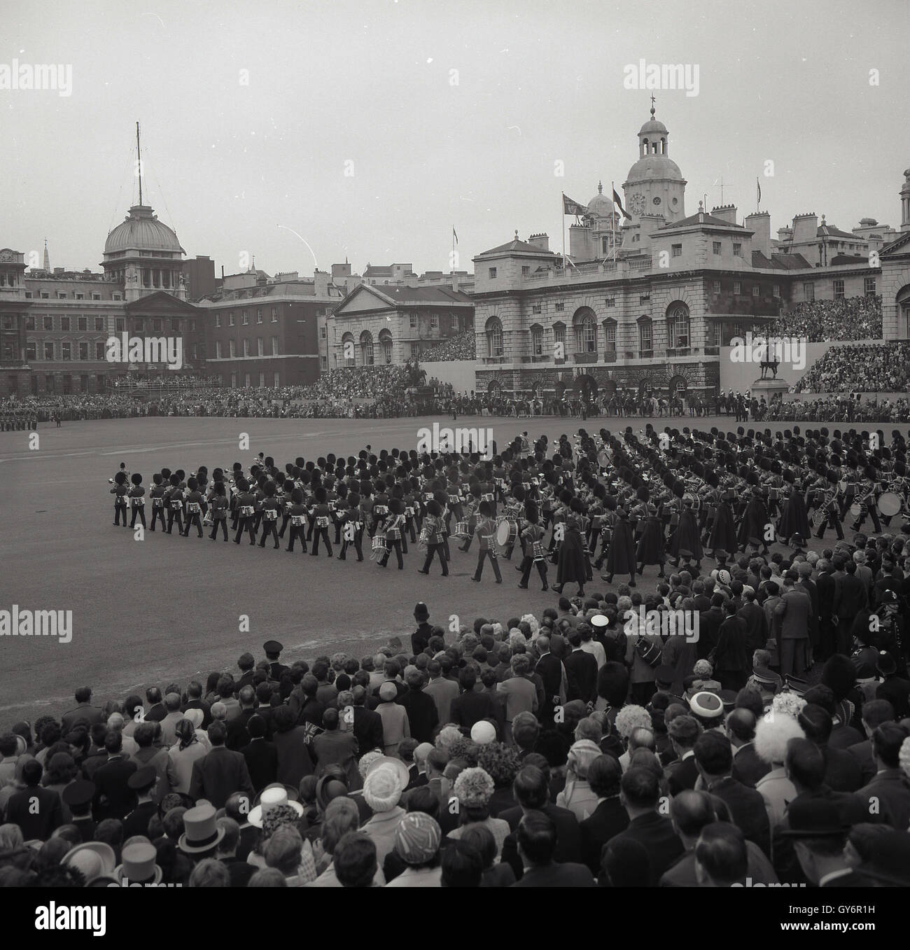 1950s, historical. Military ceremony, Trooping the Colour. celebrating the Queen of England's birthday, Horse guards Parade, Whitehall, London, UK. Stock Photo