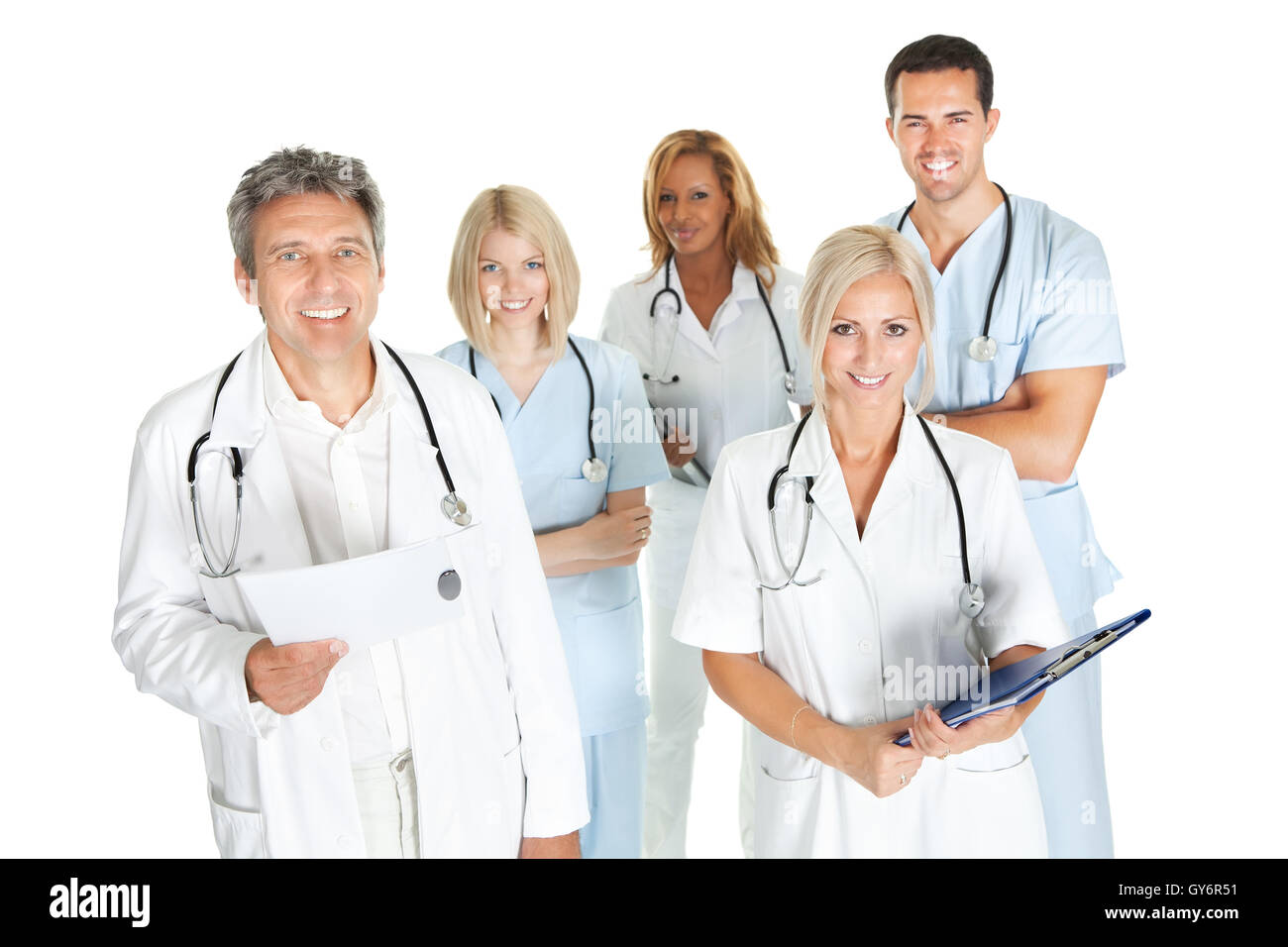 Diverse team of doctors and surgeons on white Stock Photo