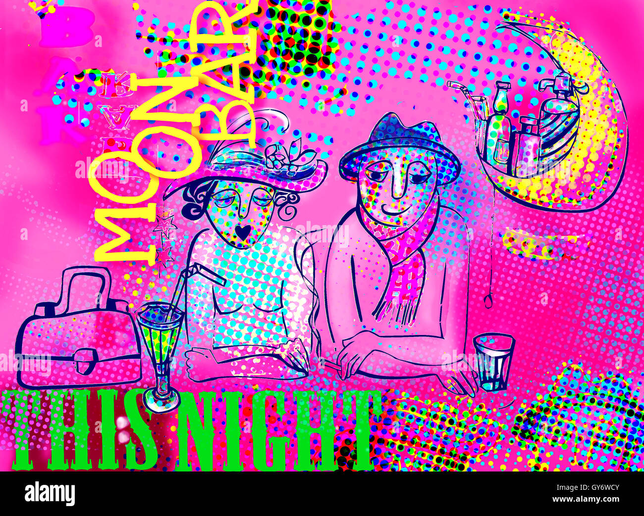 couple in moon buffet illustration Stock Photo