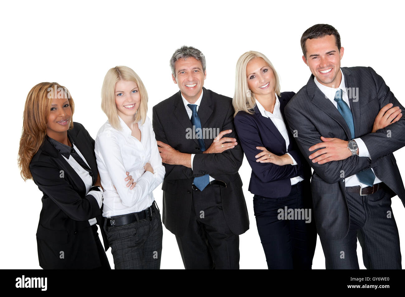 Business people standing with hands folded Stock Photo