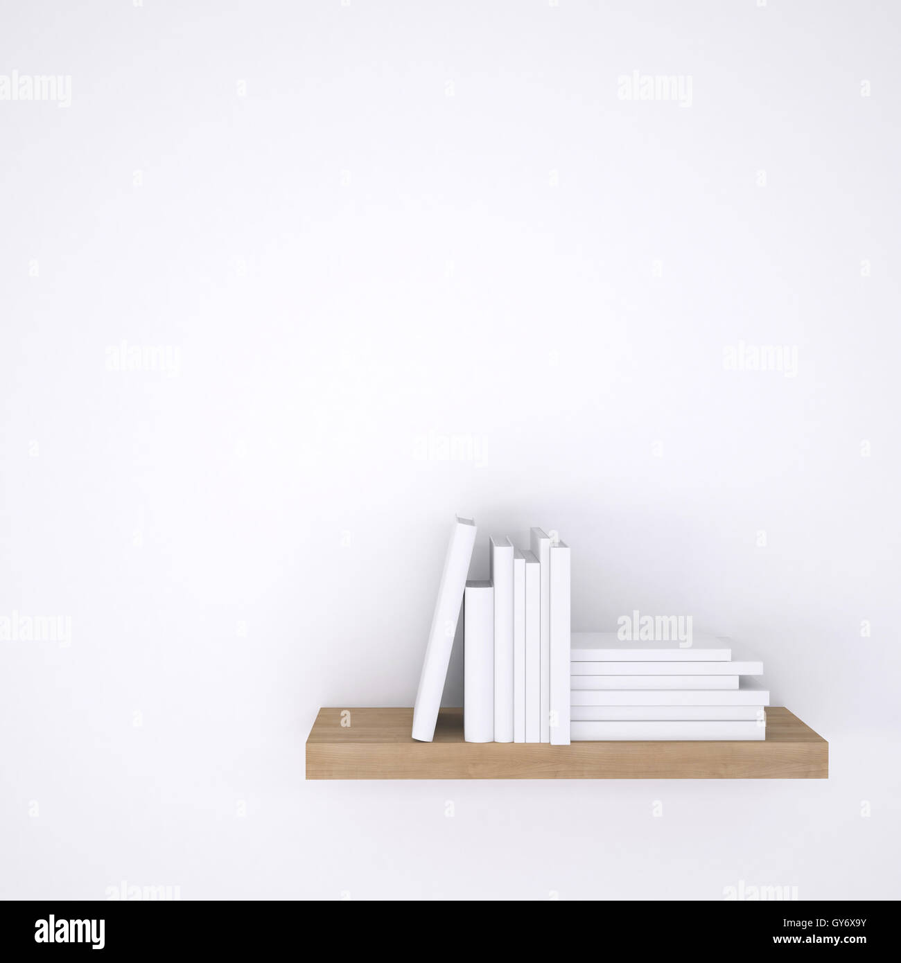 Wooden shelf with books on white wall background Stock Photo - Alamy