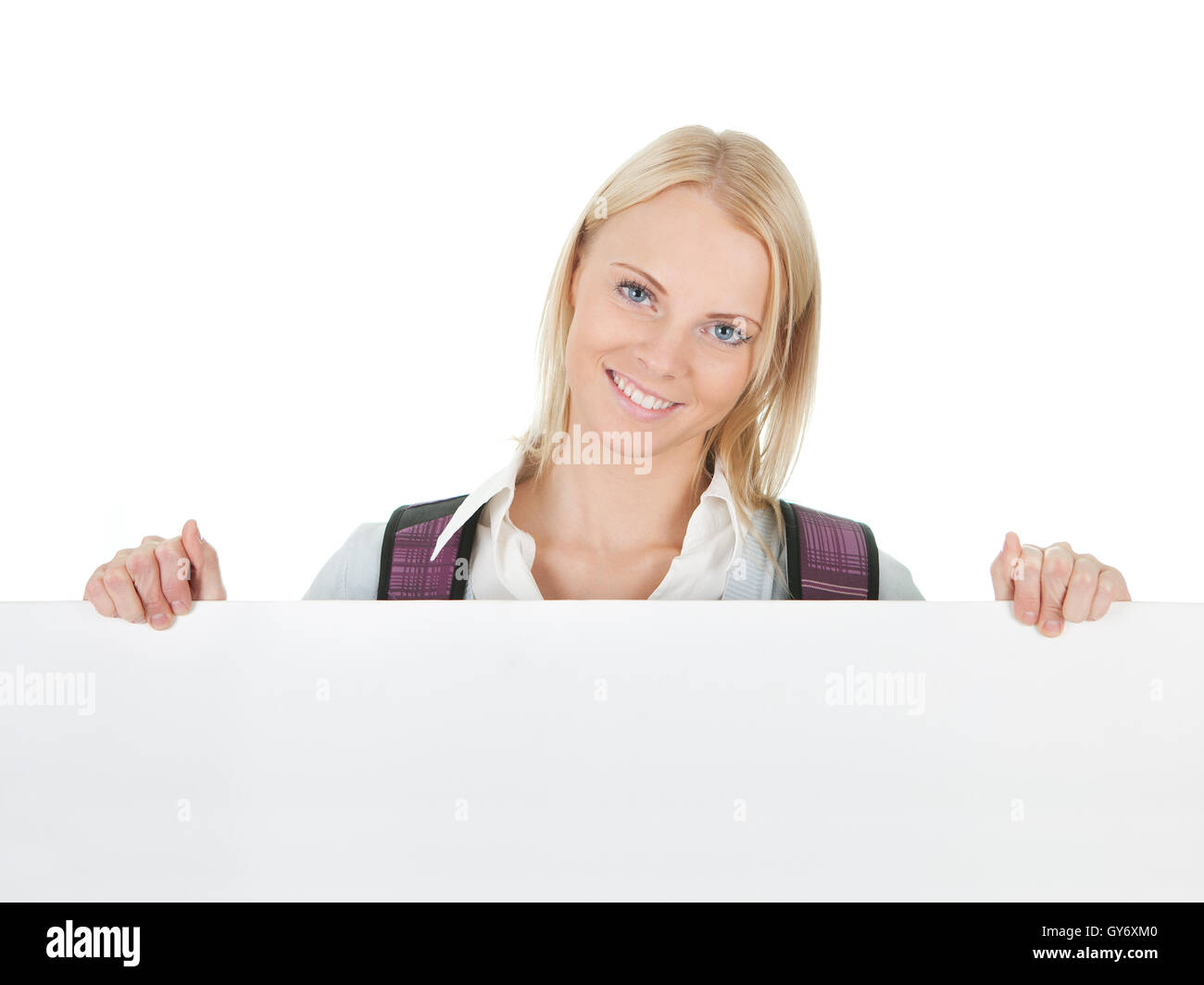 Beautiful student girl presenting empty board Stock Photo - Alamy