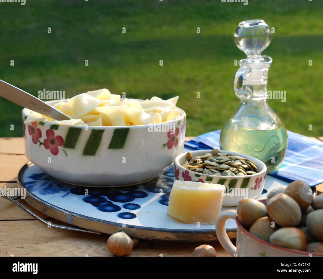 serving raw food pasta outdoor Stock Photo