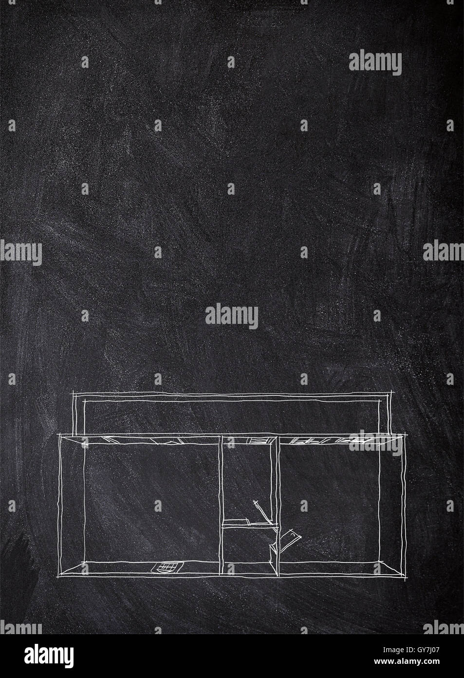 Digital 2d chalk sketch drawing of empty home apartment on blackboard Stock Photo