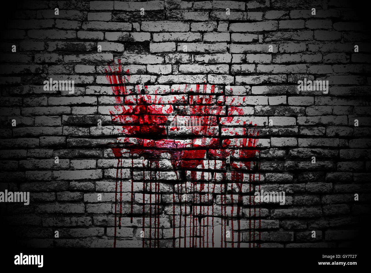 set 8. bloody handprint on brick wall in the dark for horror content ...