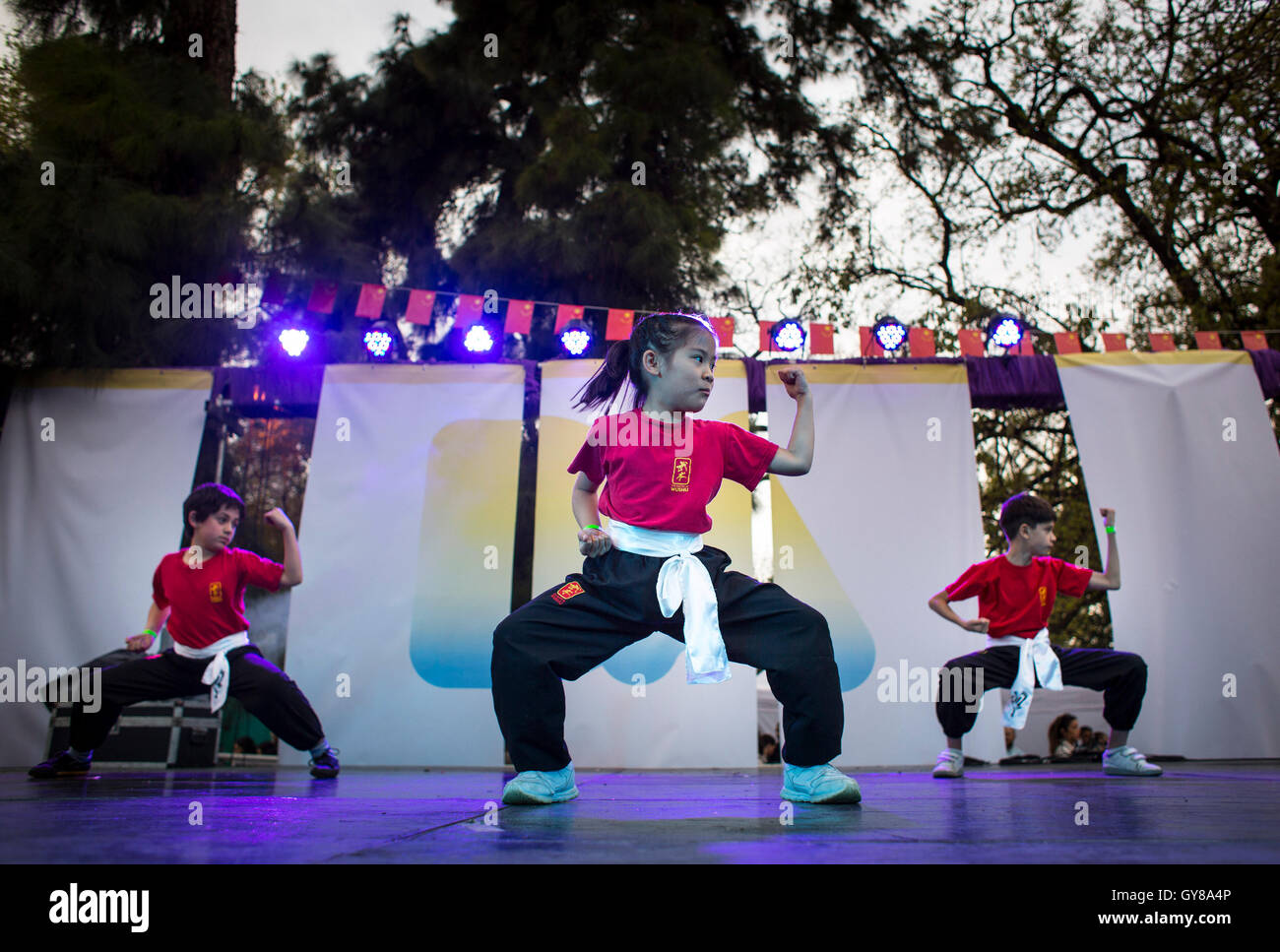 Buenos Aires, Argentina. 17th Sep, 2016. Pupils perform Wushu during the celebrations of Mid-Autumn Festival in Buenos Aires, Argentina, on Sept. 17, 2016. Buenos Aires hosted on Saturday celebration of Mid-Autumn Festival with music, gastronomy and typical dances of China. Credit:  Martin Zabala/Xinhua/Alamy Live News Stock Photo