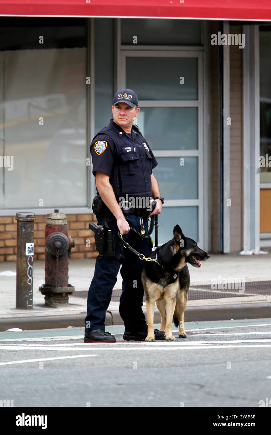 New York, United States. 18th Sep, 2016. Transit police with canine guard the area near the E train subway line on 8th avenue near 23rd Street, two blocks west of last night's explosion in the Chelsea section of Manhattan in New York City.  29 people were injured in the blast which has been described by officials as intentional. Credit:  Adam Stoltman/Alamy Live News Stock Photo