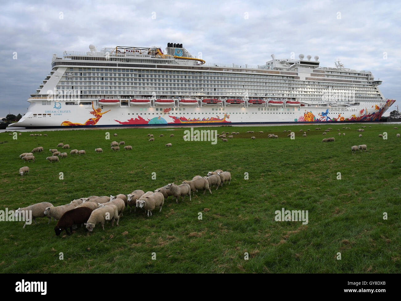 Papenburg, Germany. 18th Sep, 2016. The youngest cruise ship of the Meyer shipyard "Genting Dream" starts its transfer sail on the narrow Ems to the North Sea in Papenburg, Germany, 18 September 2016. The spectacle attracted many spectators along the Ems in late summer weather. Photo: INGO WAGNER/dpa/Alamy Live News Stock Photo