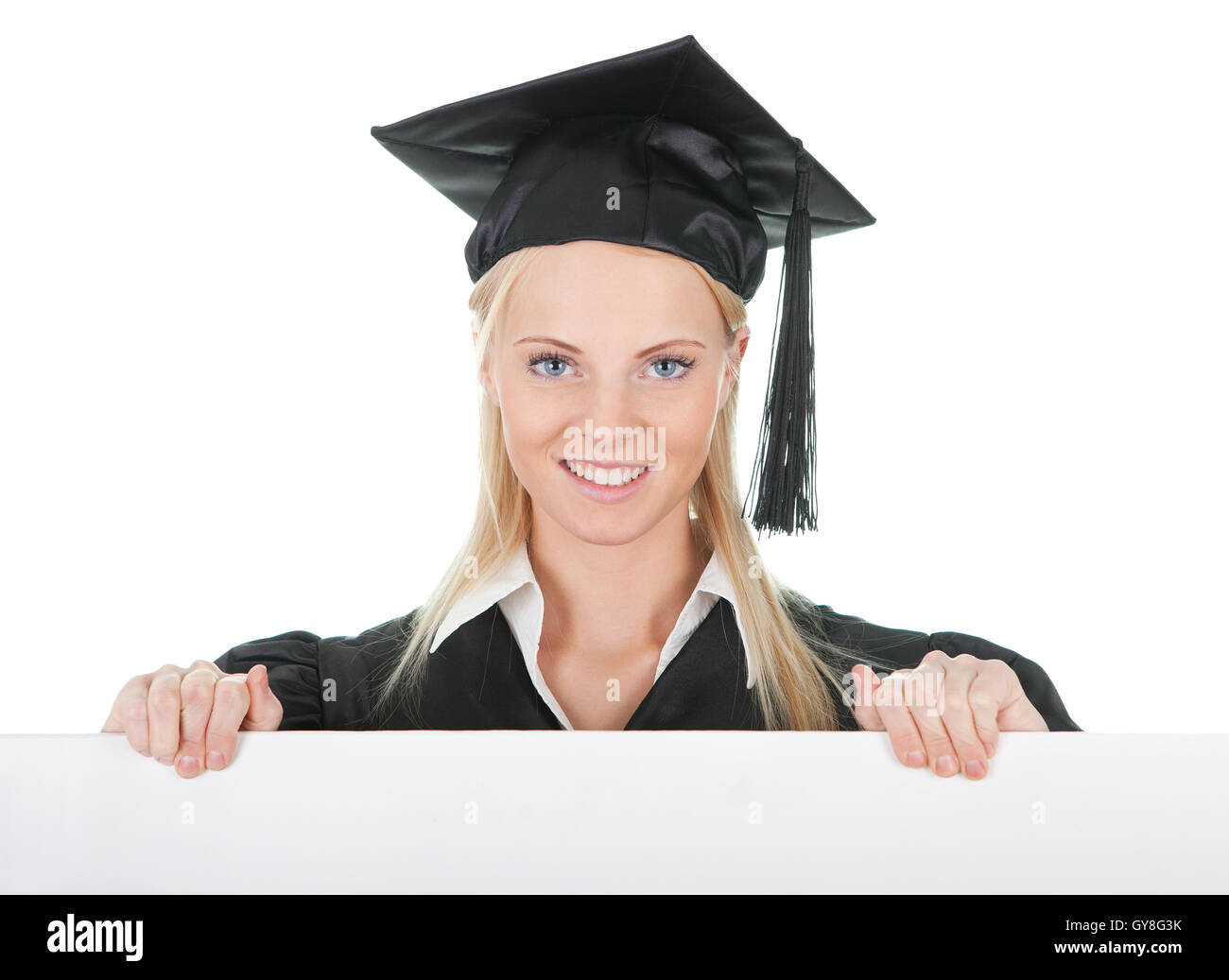 Female graduate student presenting empty board Stock Photo - Alamy