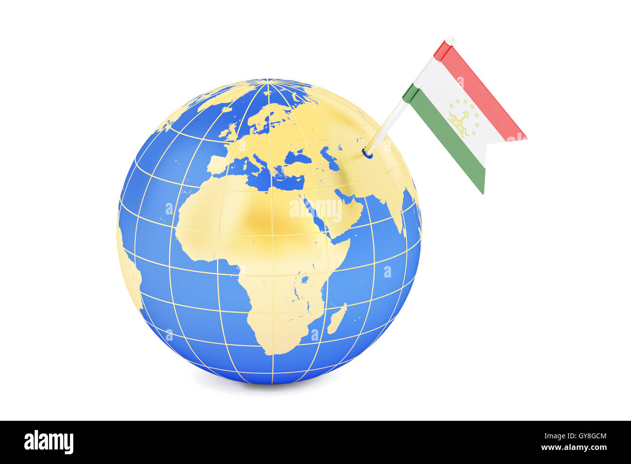 Tajikistan pin flag on globe map, 3D rendering Stock Photo