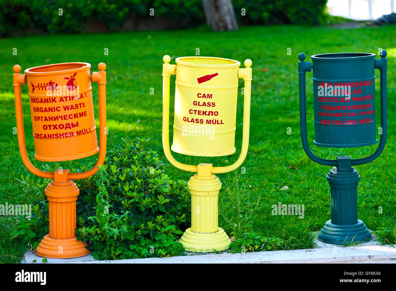 three bins for sorting waste and green lawn Stock Photo Alamy