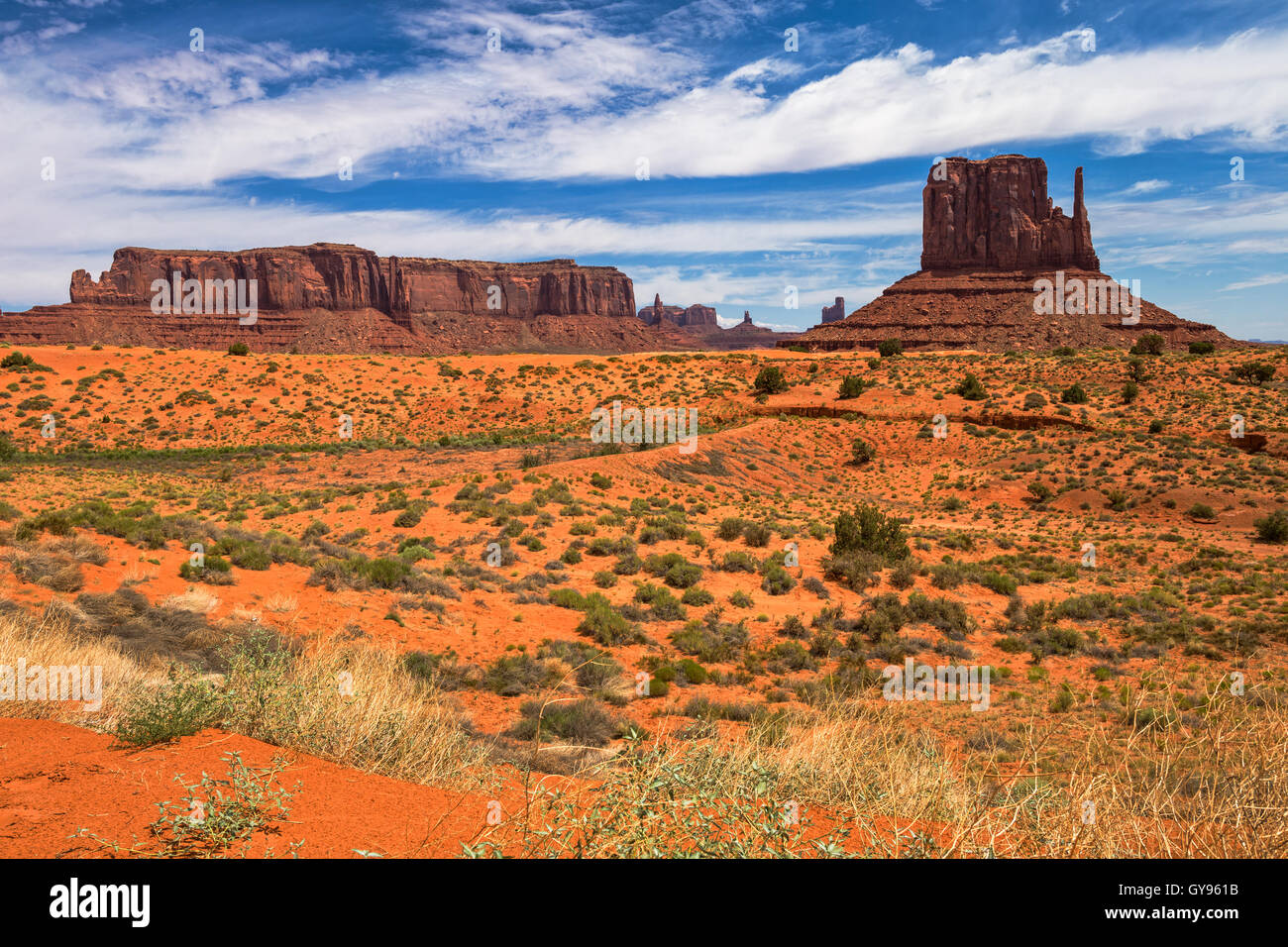 Monument Valley, Arizona scenic desert landscape with clouds and blue sky Stock Photo