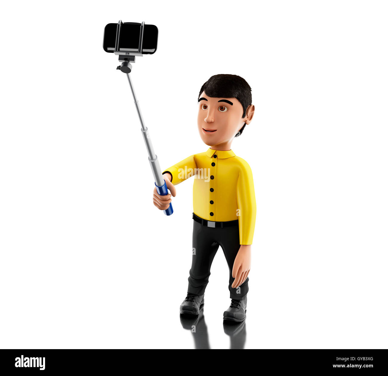 3d Illustration. Man taking a selfie with selfie stick and smartphone