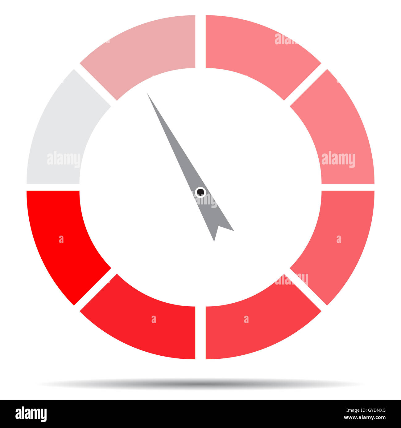 Indicator round red with pointer needle. Index and pointer, arrow indicator, measurement spectrum and power panel. Vector illust Stock Photo