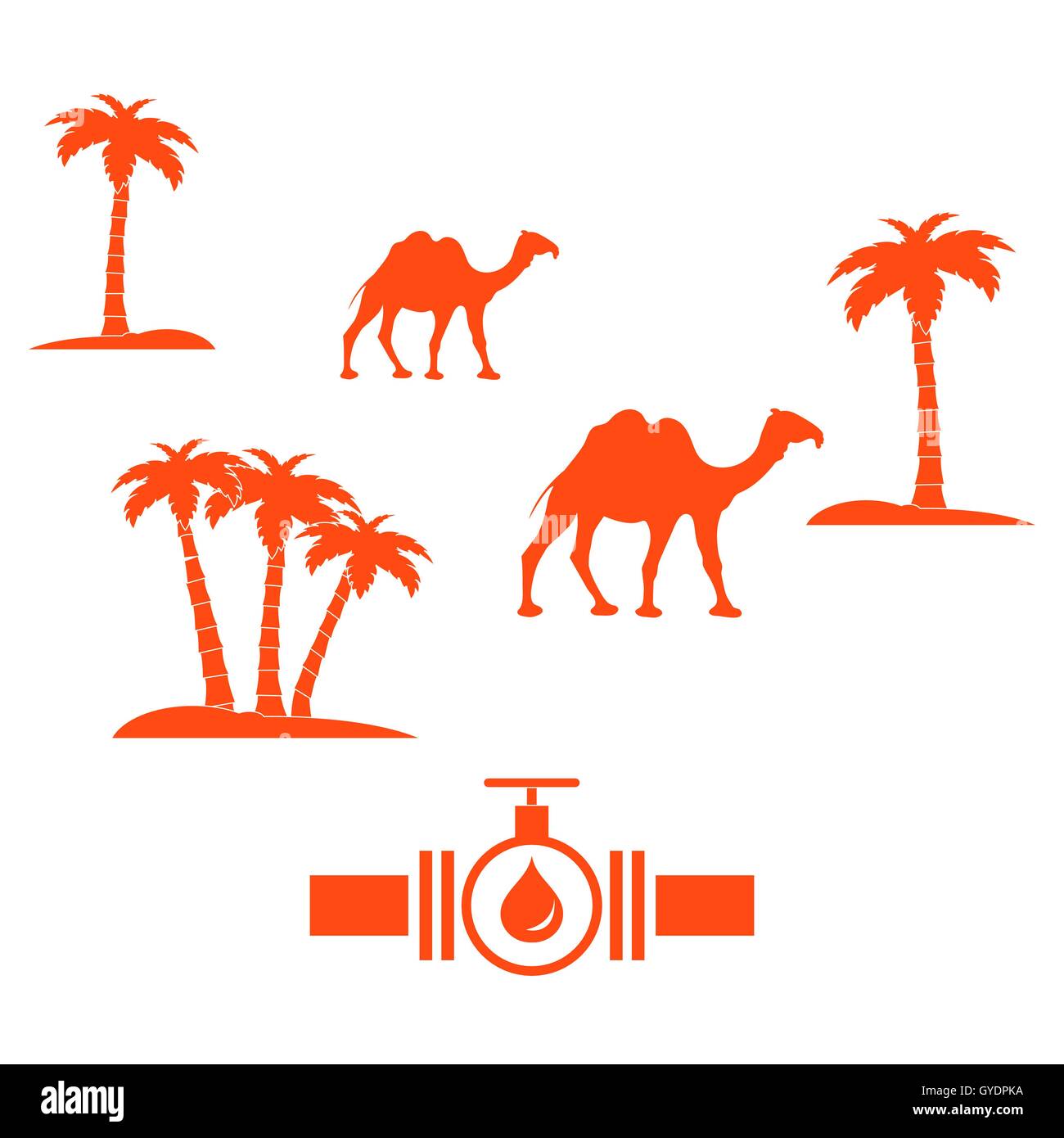 Stylized icon of the pipe with a valve and fuel drops on a white background with palm trees and camels Stock Vector