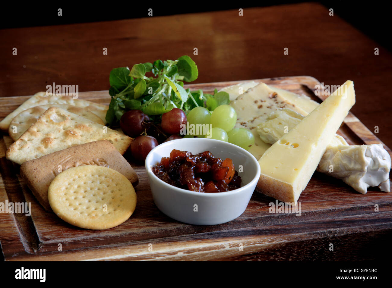 A cheese ploughmans with chutney, biscuits and grapes Stock Photo