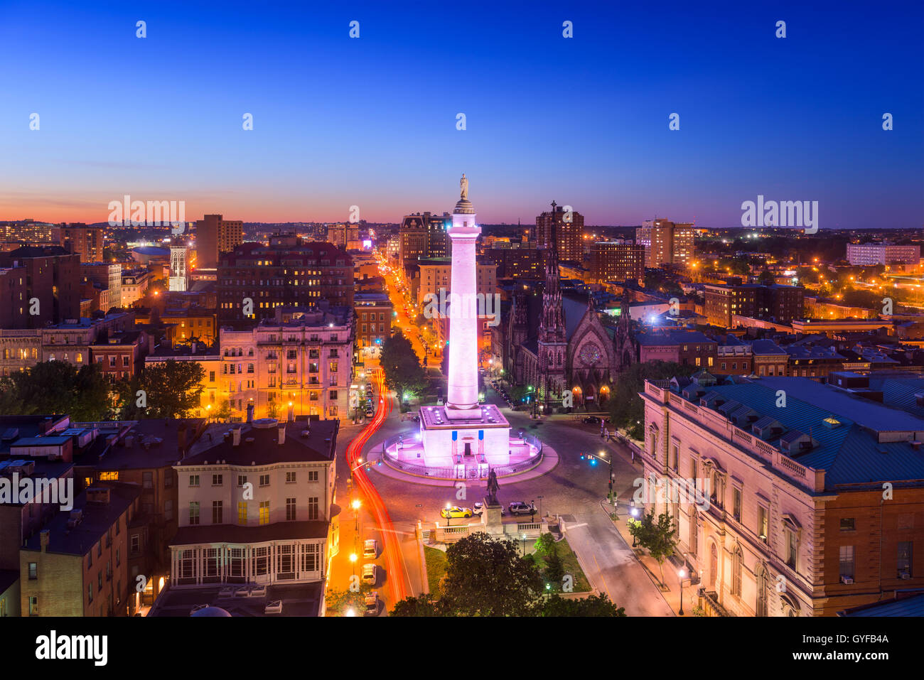 Baltimore, Maryland, USA cityscape at Mt. Vernon and the Washington Monument. Stock Photo