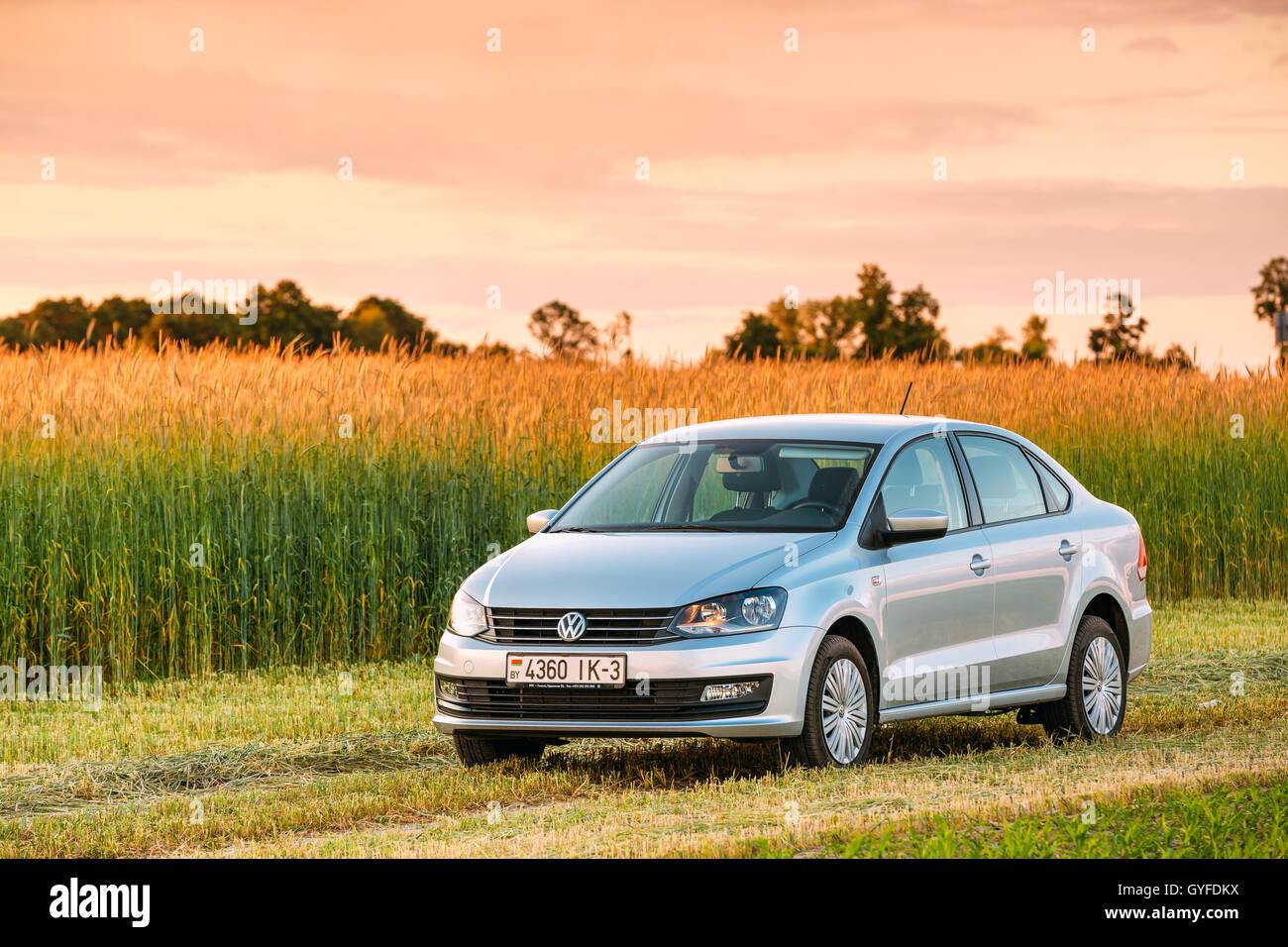 Gomel, Belarus - June 6, 2016: Volkswagen Polo Car Parking On Wheat Field.  Sunset Sunrise Dramatic Sky On A Background In Sunny Stock Photo - Alamy