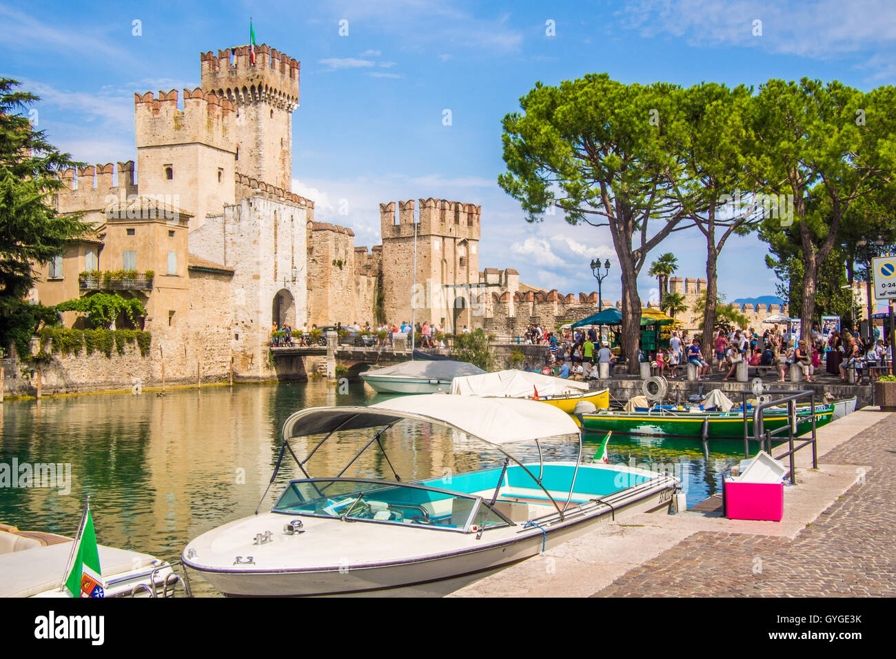 Castle Scaligero, Sirmione, Lake Garda, Brescia province, Lombardy region, Italy. Stock Photo