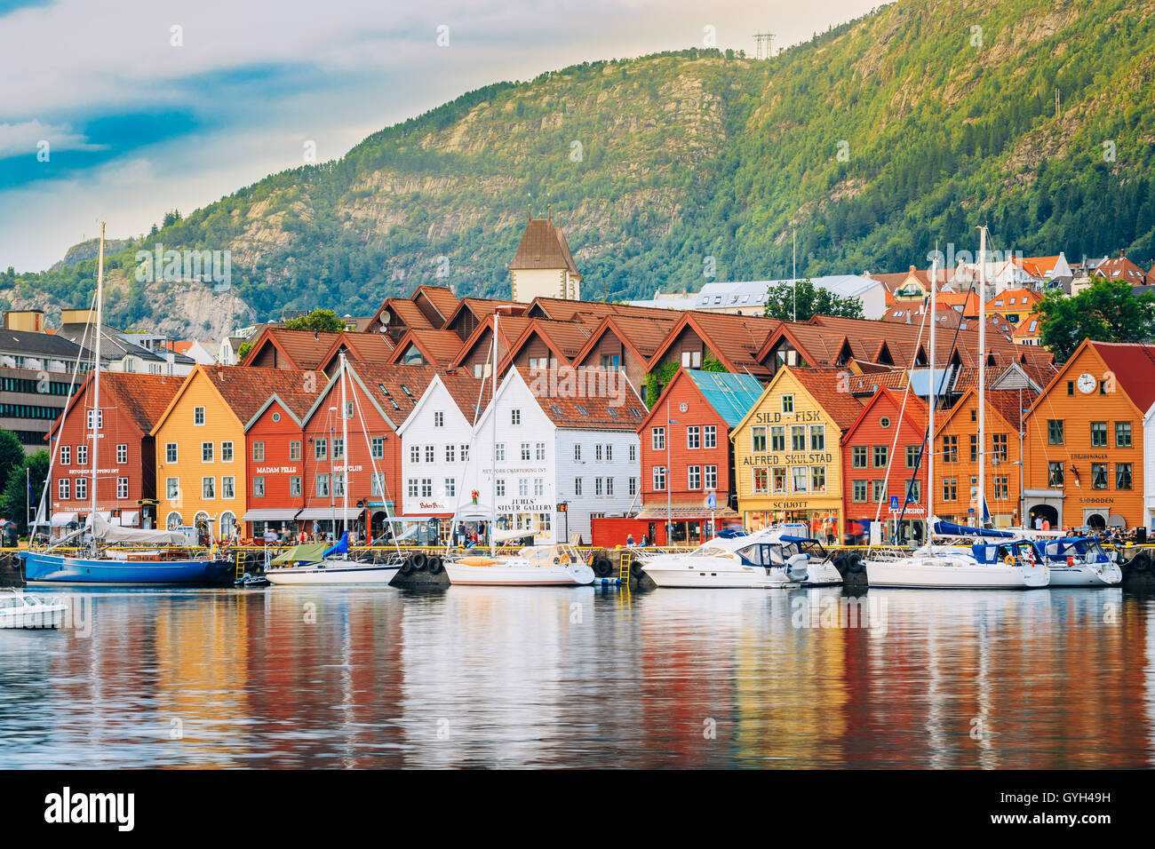 Bergen, Norway - August 3, 2014: View of historical buildings in Bryggen- Hanseatic wharf in Bergen, Norway. UNESCO World Herita Stock Photo