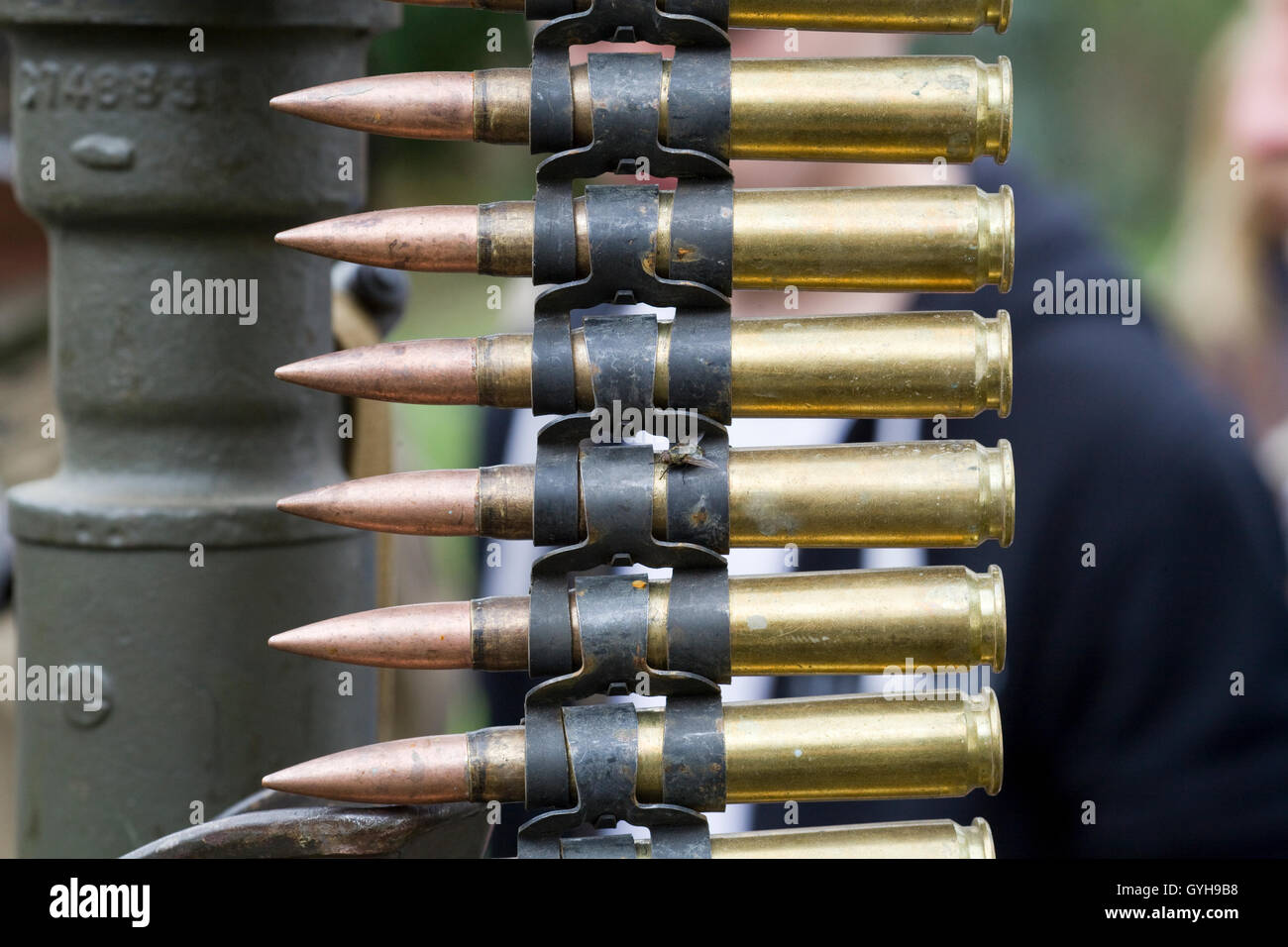 Metal belt with machine gun cartridges Stock Photo