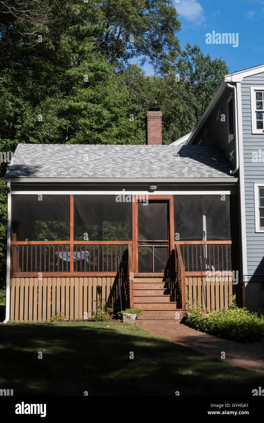 Screened-in Deck on Luxury Residential Home, New England, USA Stock Photo