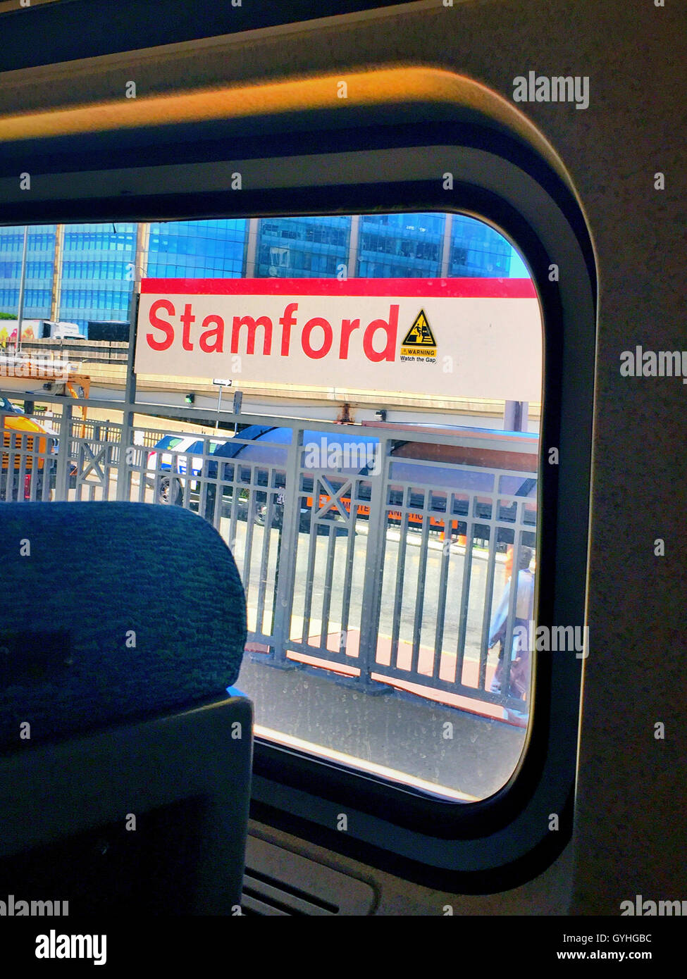 Stamford Train Station Sign Thru an Amtrak Train Window, Stamford, CT