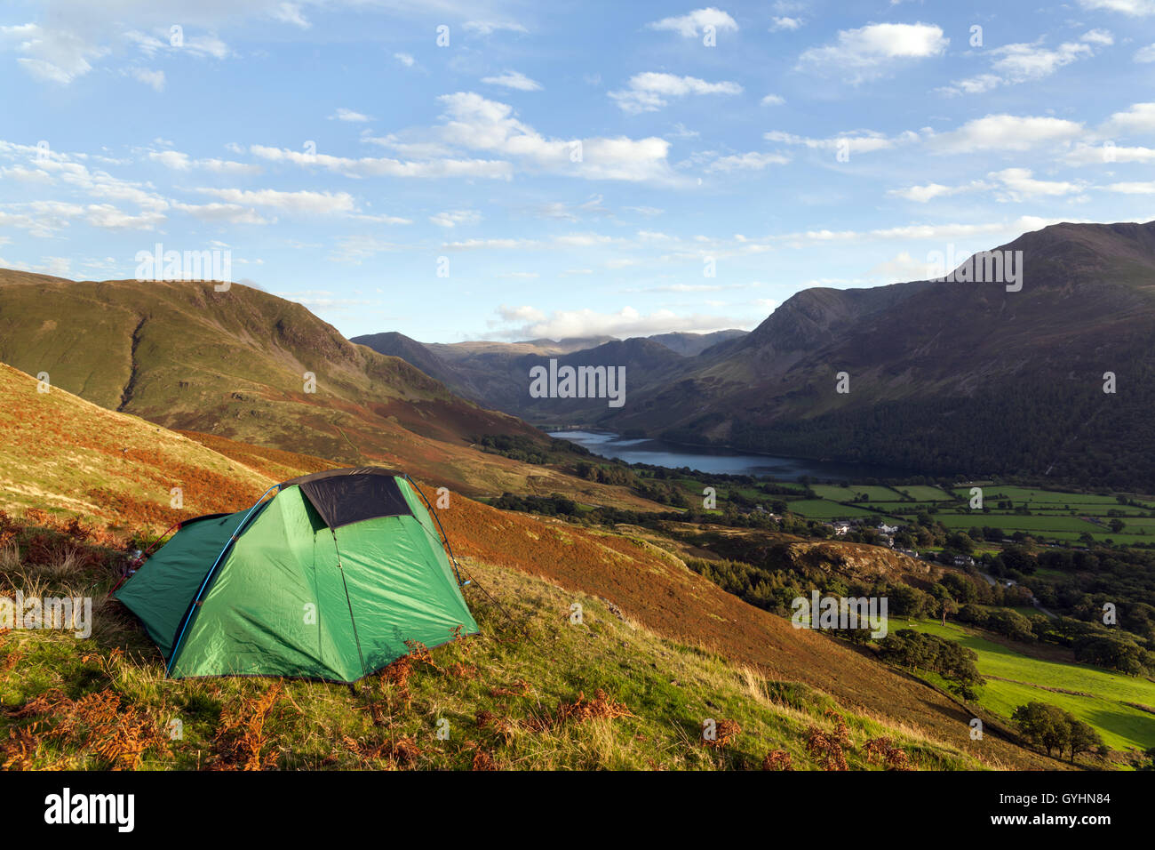Little green tent, wild camping on Rannerdale Knotts overlooking