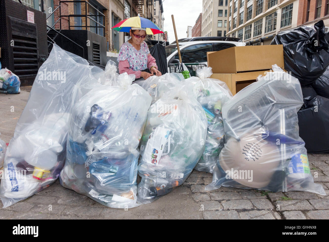 New York City,NY NYC Lower Manhattan,Tribeca,Asian adult adults,woman female women,mature,recycling,plastic trash bags,umbrella hat,NY160716114 Stock Photo