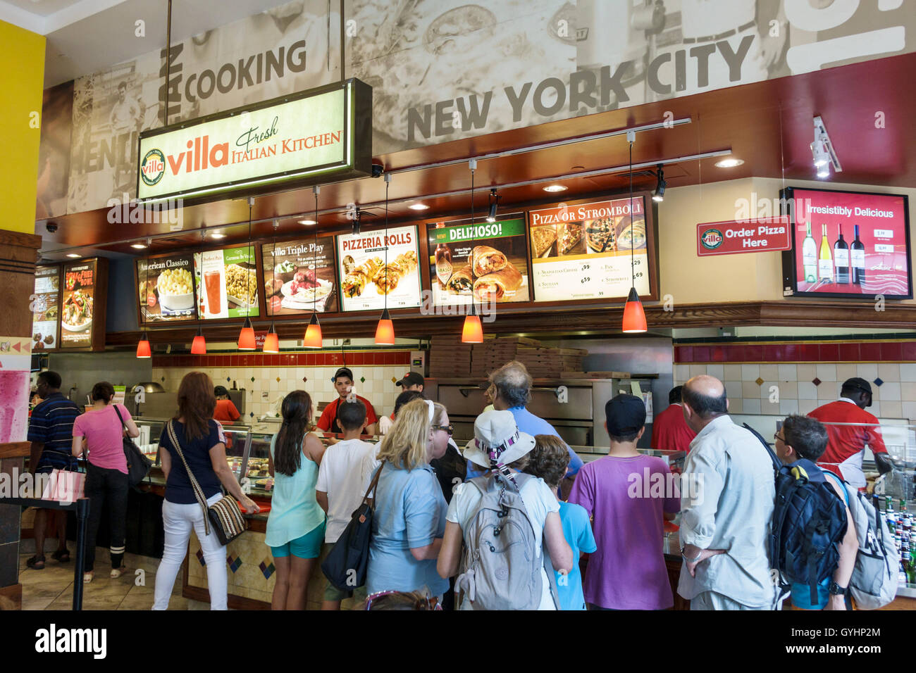 New York City,NY NYC,Manhattan,Times Square,Market food court plaza table tables casual dining,Villa Fresh Italian Kitchen,restaurant restaurants food Stock Photo