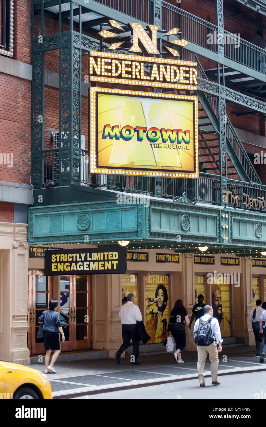New York City,NY NYC Manhattan,Midtown,Broadway,Theater District,Nederlander,Motown Musical,theatre,venue,exterior,sign,marquee,adult,adults,man men m Stock Photo