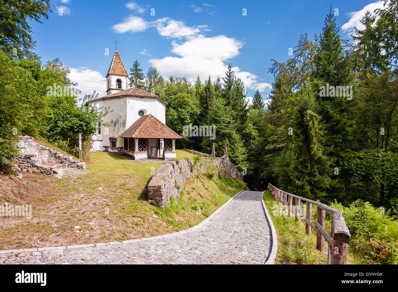 Small church of 14 century Friulian Alps, Italy. Stock Photo