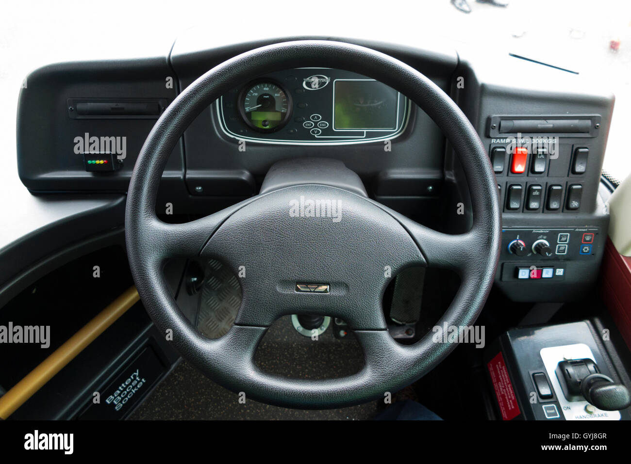 Steering wheel of a new Routemaster double decker passenger bus