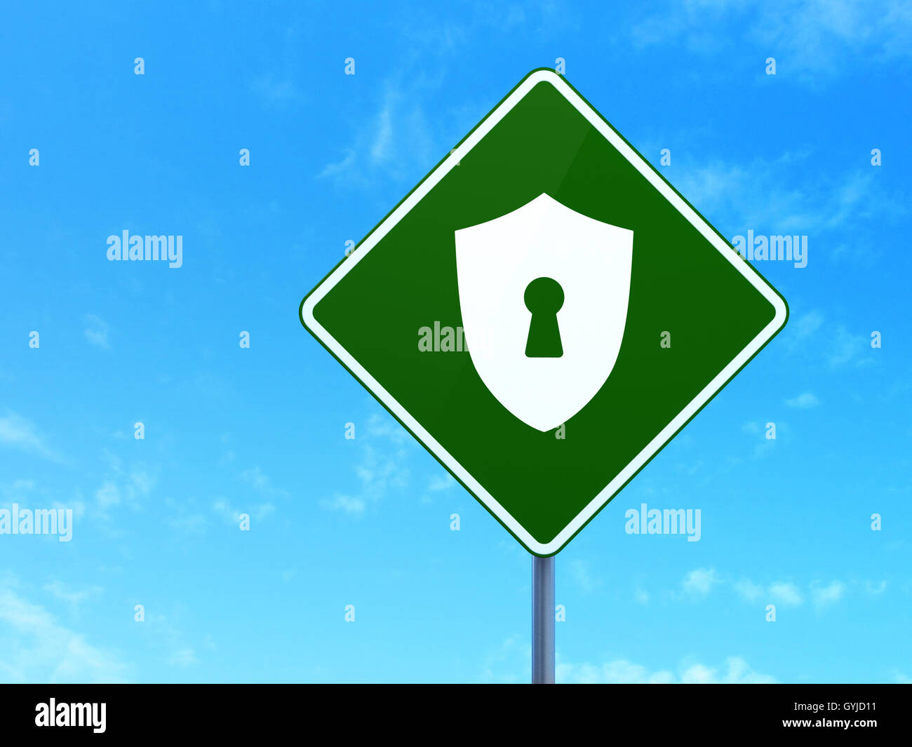 Privacy concept: Shield With Keyhole on road sign background Stock ...