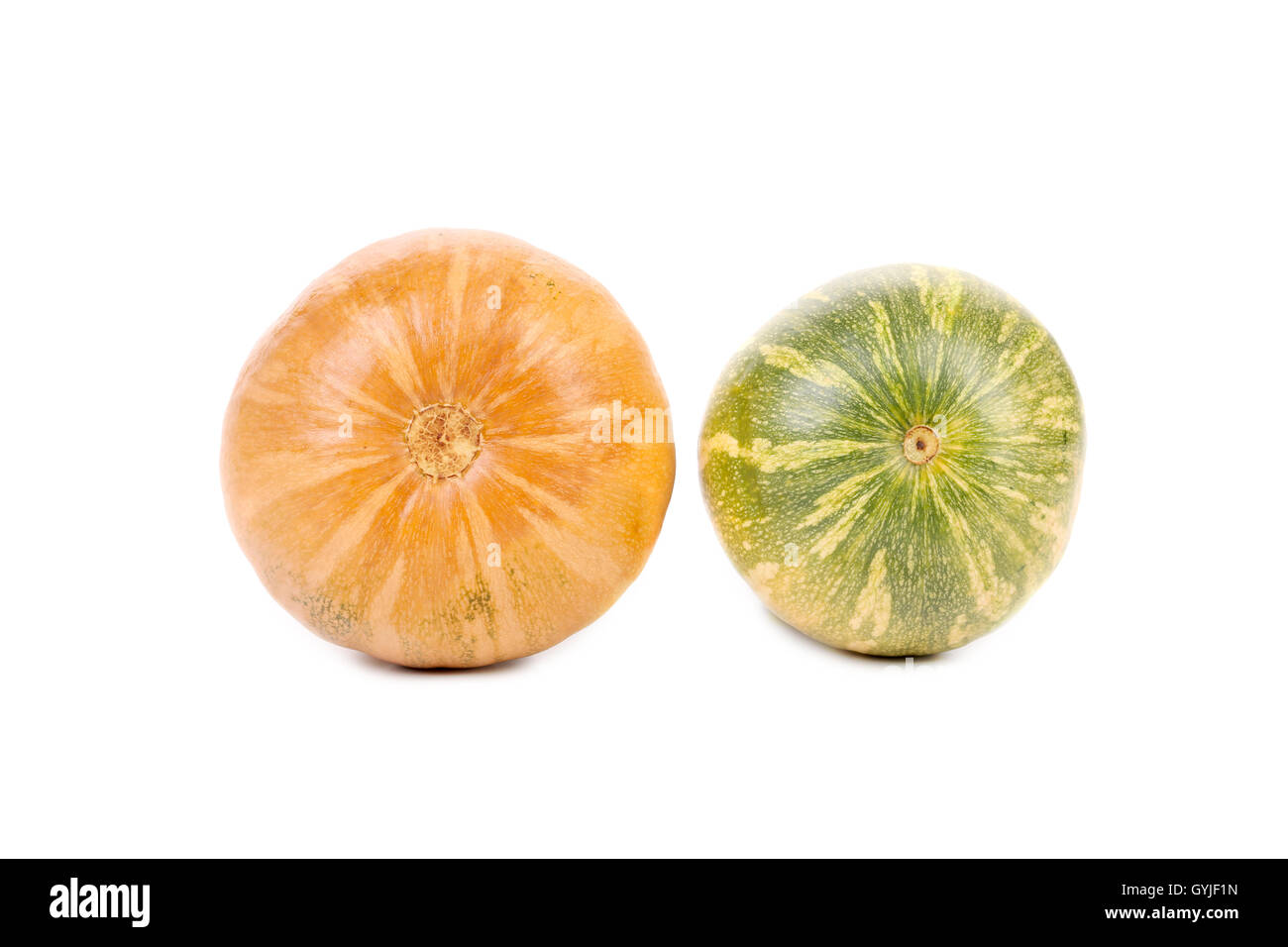 Two fresh orange and green pumpkins Stock Photo - Alamy