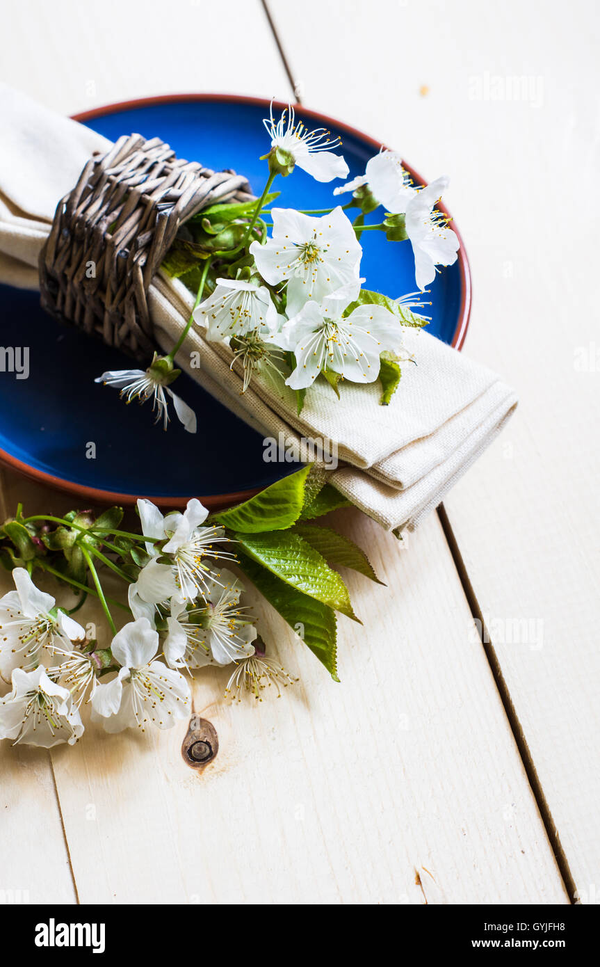 Spring time table setting with rustic plates and cherry blossom Stock ...