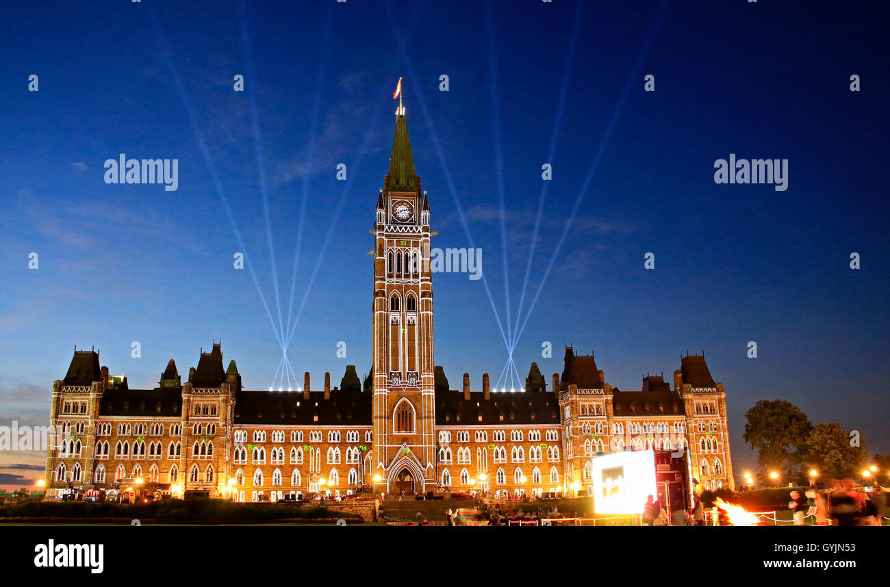 Canadian Parliament Building preparing to display Northern Lights Show sponsored by Government of Canada and Manulife. Stock Photo