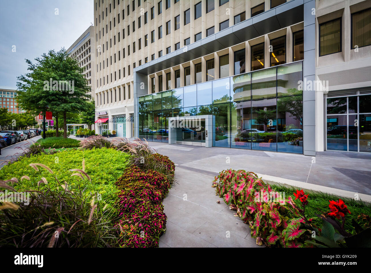 Gardens and modern building in Crystal City, Arlington, Virginia Stock