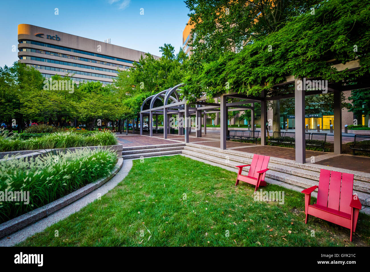 Park and modern buildings in Crystal City, Arlington, Virginia. Stock Photo