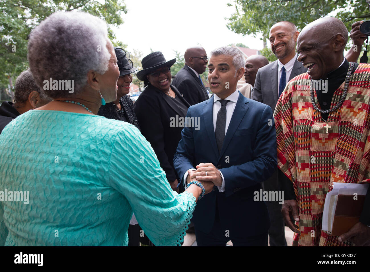 Mayor of London Sadiq Khan meets members of the congregation at the St Albans Congregational Church in Queens, New York City (NYC) during a three day visit to the US capital as part of his visit to North America. Stock Photo