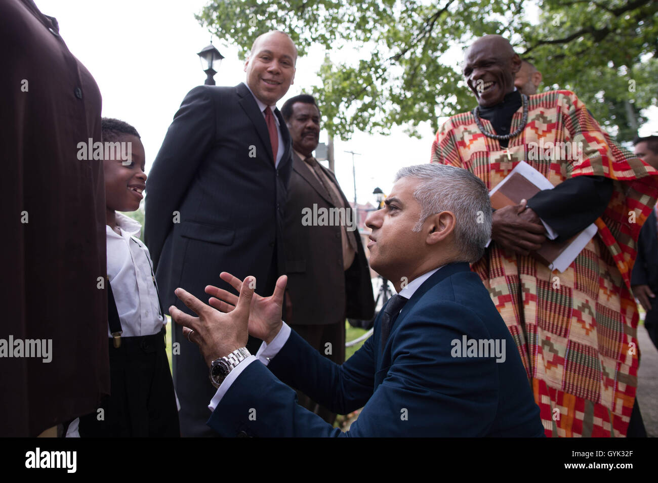 Mayor of London Sadiq Khan meets members of the congregation at the St Albans Congregational Church in Queens, New York City (NYC) during a three day visit to the US capital as part of his visit to North America. Stock Photo